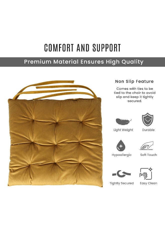 Pack Of 4 Velvet Soft Chair Pad With Seat Ties Suitable For Garden , Kitchen And Office Chairs Indoor And Outdoor Mustard 40X40Cm