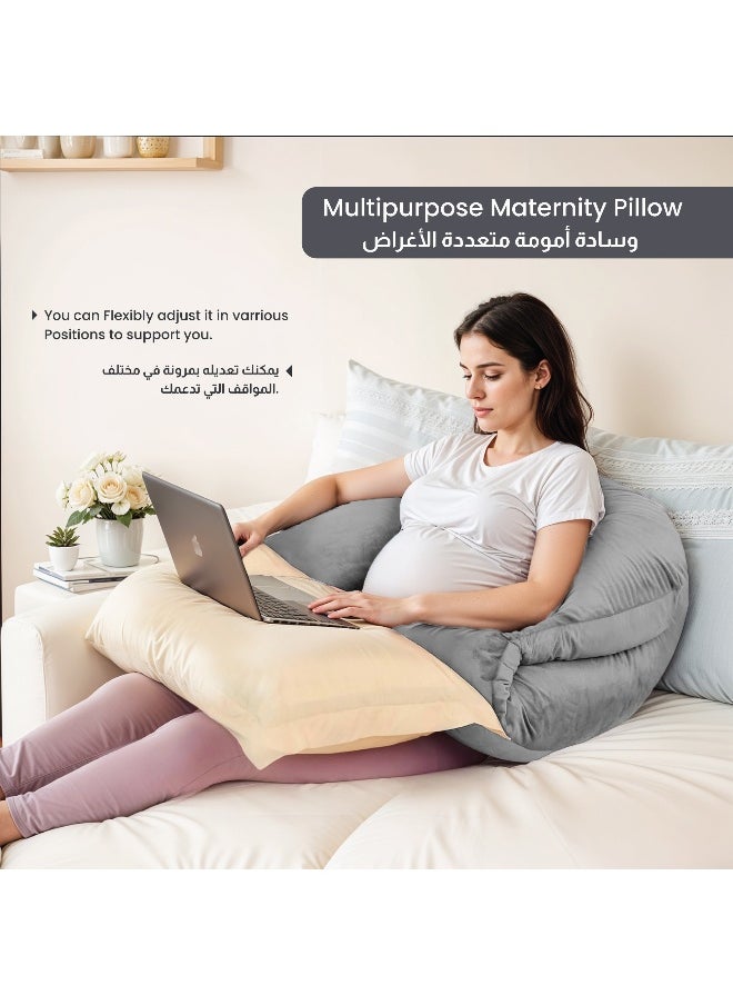 Premium Velvet U Shaped Pregnancy Pillow 70X140Cm Maternity Full Body Pillow For Pregnant Women For Back , Hip , Neck And Knee Support With Removal Cover , Grey