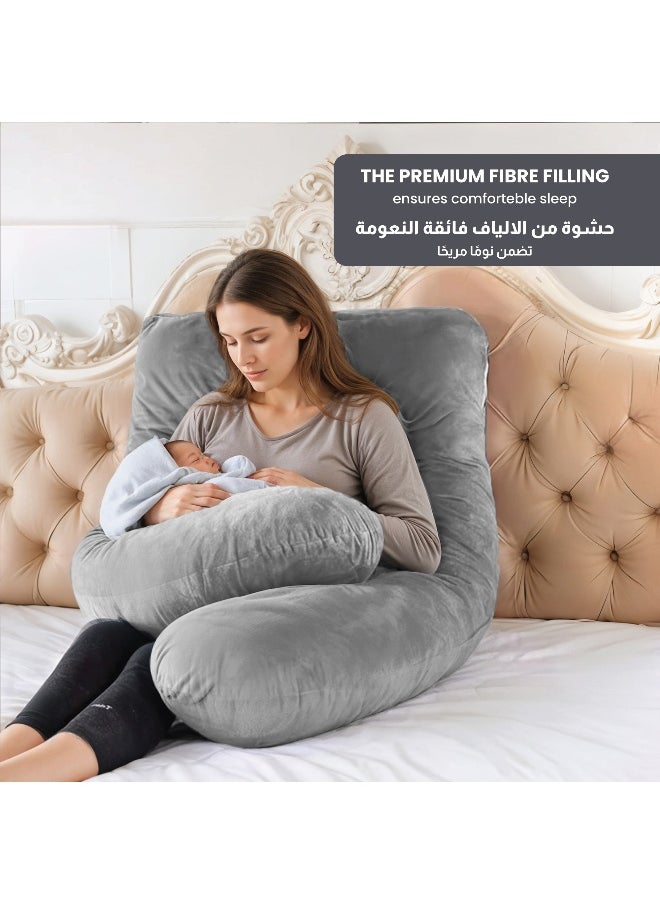 Premium Velvet U Shaped Pregnancy Pillow 70X140Cm Maternity Full Body Pillow For Pregnant Women For Back , Hip , Neck And Knee Support With Removal Cover , Grey