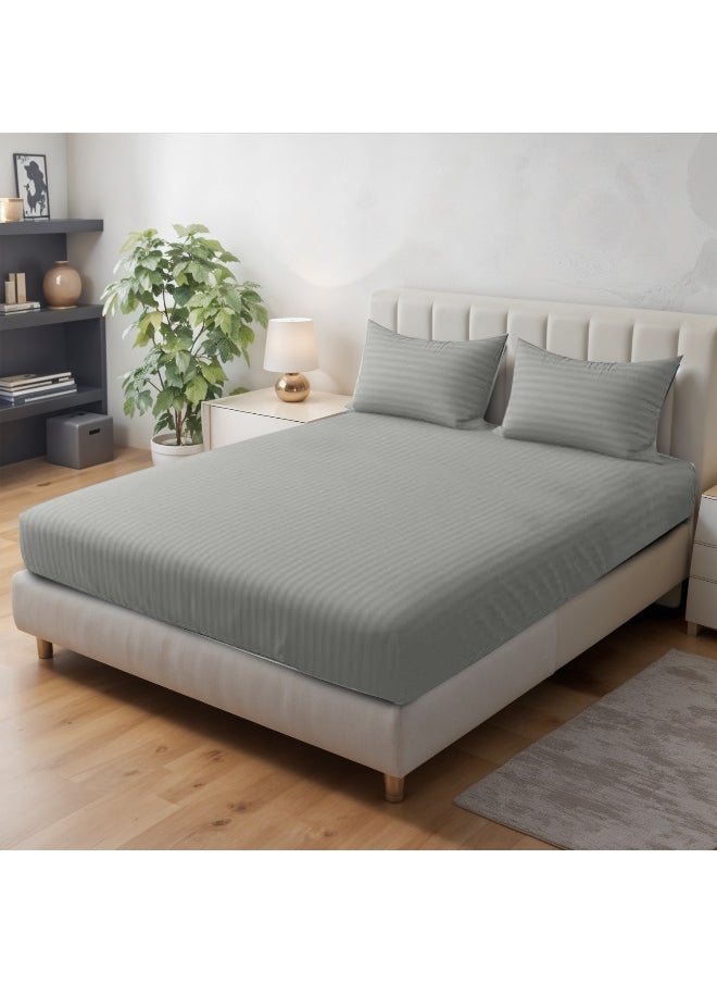 REST Stripe Fitted Sheet Set Superking 200x 200+30 cm + 2 Pillowcases 50 x 75 cm Brushed Microfiber Premium Durable Quality Deep Pocket for a Perfect Fit Shrinkage Fade Resistant Grey