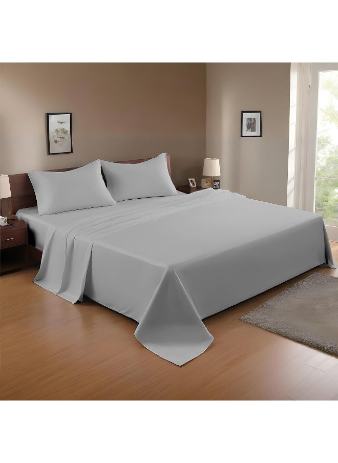 3-Piece Grey Plush 220X240 Flat Bedsheet Set Includes 1 Deep Pocket Flat Bedsheet And 2 Pillow Covers, Breathable And Machine Washable