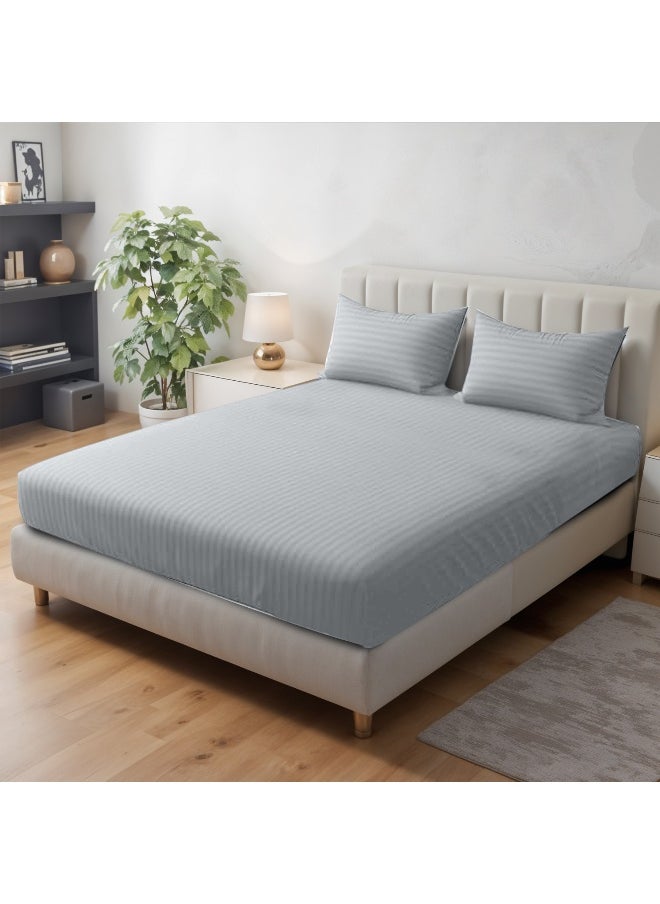 REST Stripe Fitted Sheet Set Superking 200x 200+30 cm + 2 Pillowcases 50 x 75 cm Brushed Microfiber Premium Durable Quality Deep Pocket for a Perfect Fit Shrinkage Fade Resistant Silver