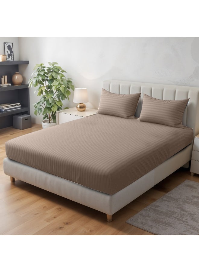 Stripe Fitted Sheet Set Superking 200X 200+30 Cm + 2 Pillowcases 50 X 75 Cm Brushed Microfiber Premium Durable Quality Deep Pocket For A Perfect Fit Shrinkage Fade Resistant Brown