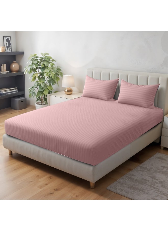 REST Stripe Fitted Sheet Set Superking 200x 200+30 cm + 2 Pillowcases 50 x 75 cm Brushed Microfiber Premium Durable Quality Deep Pocket for a Perfect Fit Shrinkage Fade Resistant Peach