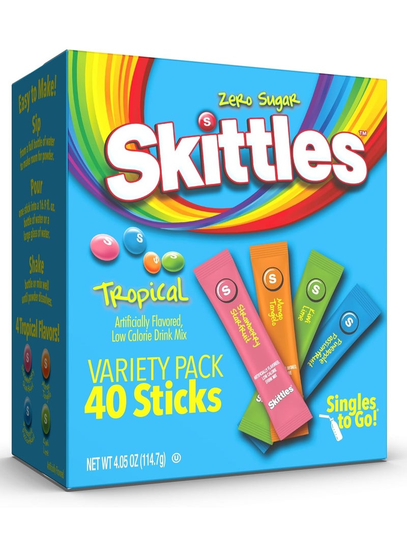 Skittles Singles To Go Tropical Variety Pack, Watertok Powdered Drink Mix, Zero Sugar, Includes 4 Flavors: Strawberry Starfruit, Mango Tangelo, Kiwi Lime, Pineapple Passionfruit, 1 Box (40 Servings)
