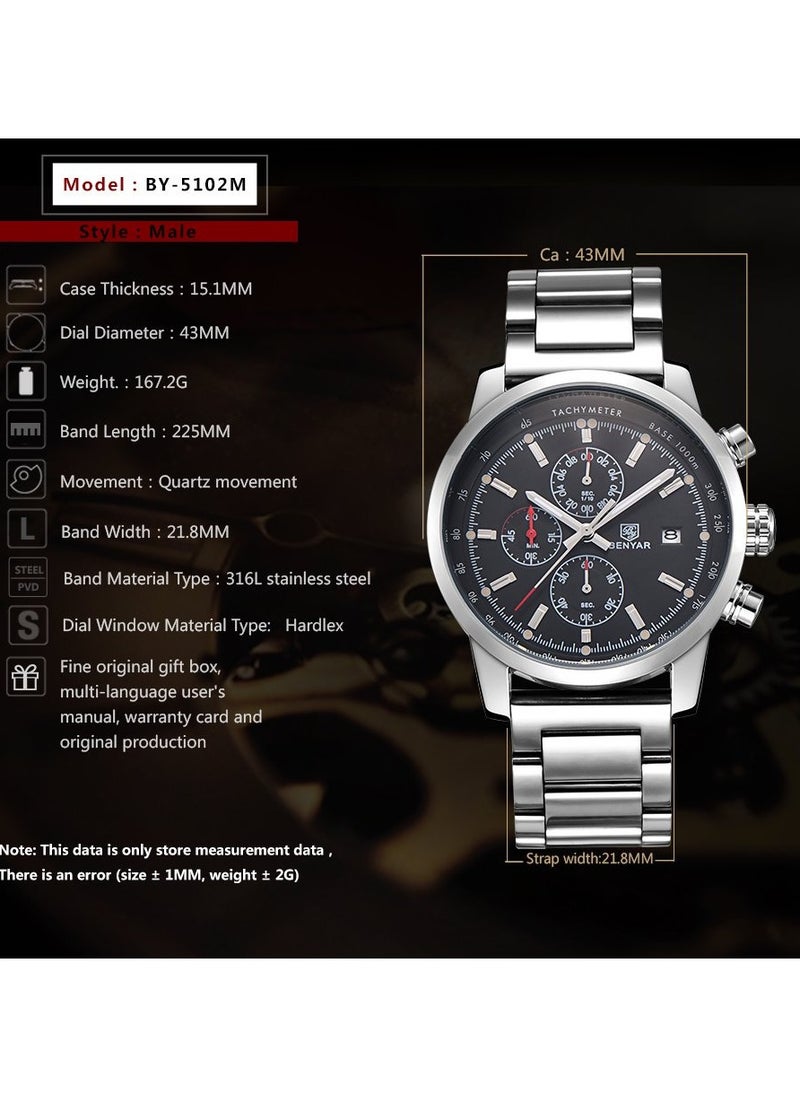 Mens Watches Multifunction Chronograph Date Quartz Watch for Men Stainless Steel Band Wrist Watch Gift for Men Casual Business
