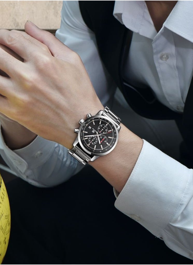 Mens Watches Multifunction Chronograph Date Quartz Watch for Men Stainless Steel Band Wrist Watch Gift for Men Casual Business