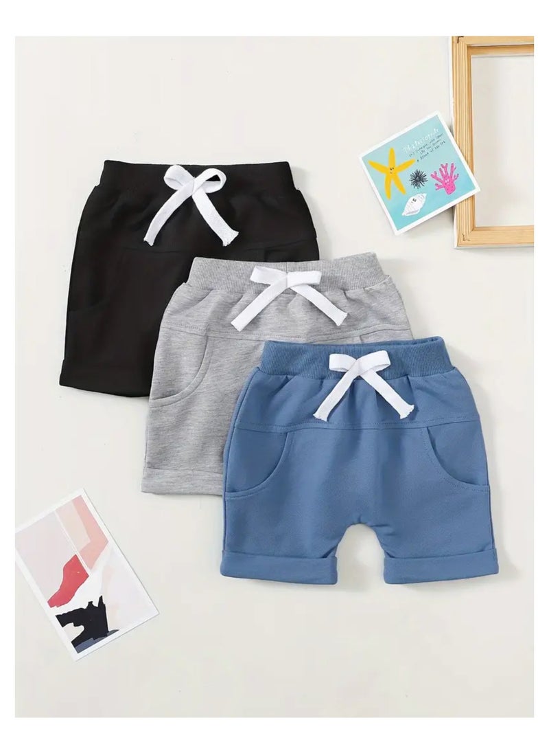3 Pieces Baby Solid Color Casual Shorts For Indoor And Outdoor Comfy Elastic Waist Toddler Shorts