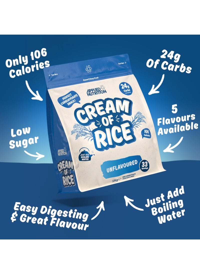 Cream of Rice - High Carbohydrate Cream of Rice Supplement, Source of Energy for Breakfast & Snacks, Easy to Digest, Low Sugar, Low Fat, Vegan, 1kg, 33 Servings, Unflavored