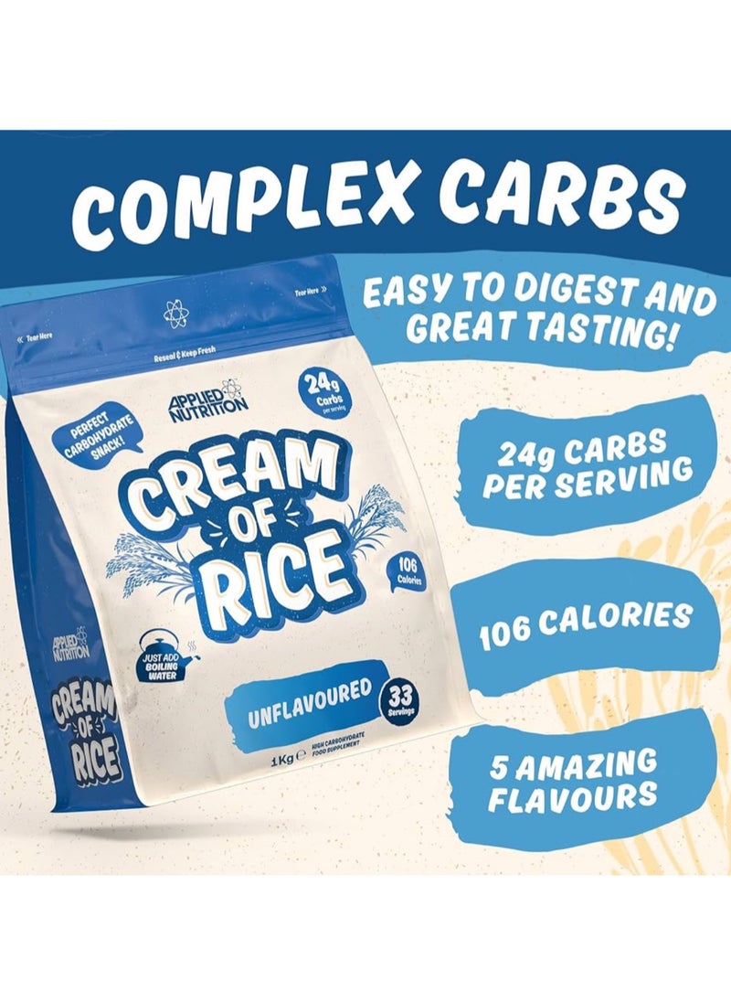 Cream of Rice - High Carbohydrate Cream of Rice Supplement, Source of Energy for Breakfast & Snacks, Easy to Digest, Low Sugar, Low Fat, Vegan, 1kg, 33 Servings, Unflavored