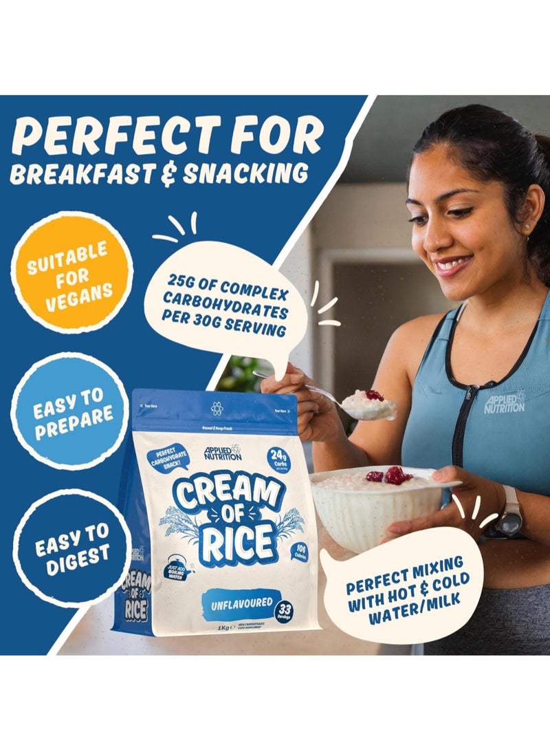 Cream of Rice - High Carbohydrate Cream of Rice Supplement, Source of Energy for Breakfast & Snacks, Easy to Digest, Low Sugar, Low Fat, Vegan, 1kg, 33 Servings, Unflavored