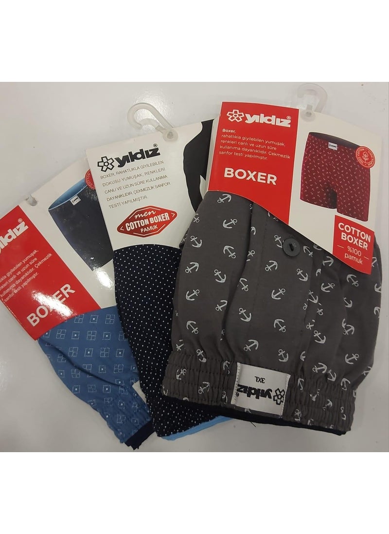 Yildiz 43 Men's Towel Waist Patterned Boxer 3 Pieces