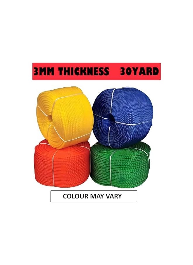 The Bros Polyester Nylon Rope - 30 Yards Durable, Strong, and Versatile Braided Twisted Twine Cord – Ideal for Camping, Boating, Construction, Gardening, DIY, and More - Colour May Vary (3MM)