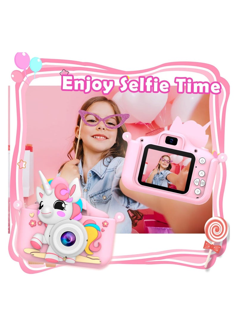 Kids Toy Camera, Digital Camera for Toddlers, Portable Digital Camera with Video, for Boys and Girls Aged 3-12, Christmas Birthday Gift for Kids, with 32G SD Card and USB Reader (Unicorn Pink)