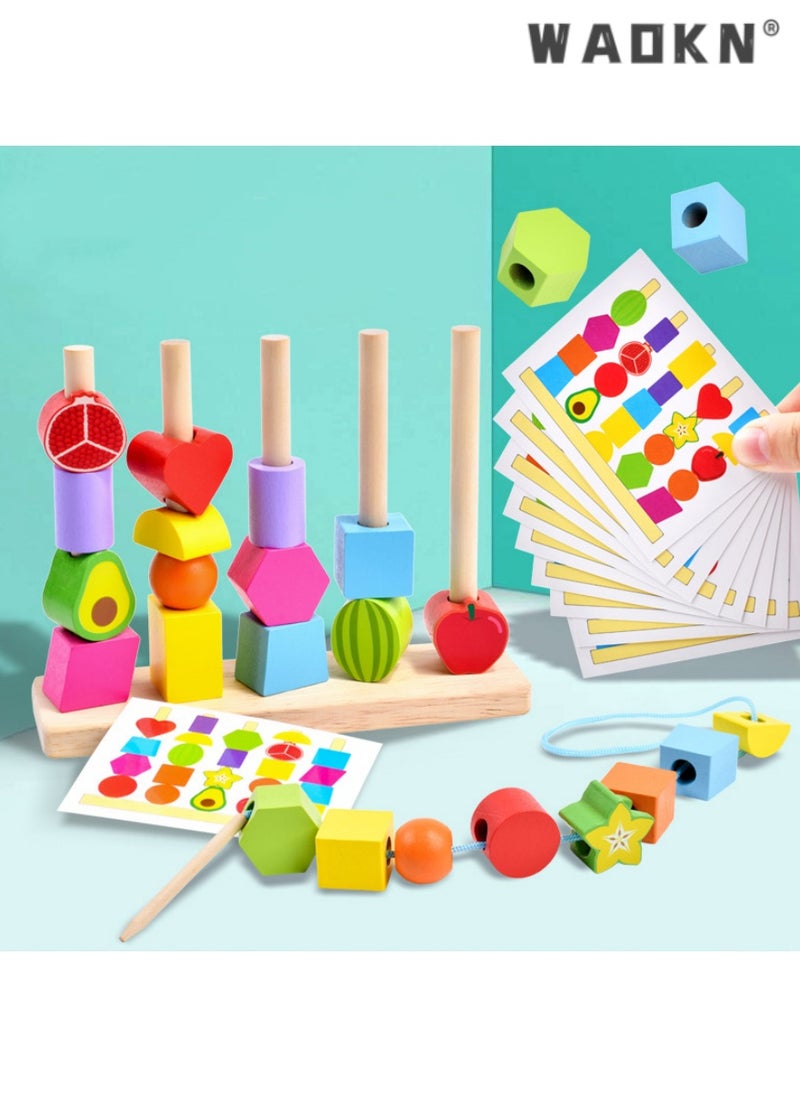 3 in 1 Wooden Color Sorting & Stacking Toys, Montessori Wooden Beads Sequencing Set, STEM Fine Motor Skills Toys Designed for Toddlers, Early Education Montessori Toys Gifts for Kids