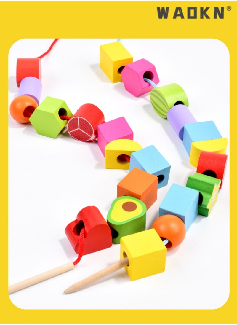 3 in 1 Wooden Color Sorting & Stacking Toys, Montessori Wooden Beads Sequencing Set, STEM Fine Motor Skills Toys Designed for Toddlers, Early Education Montessori Toys Gifts for Kids