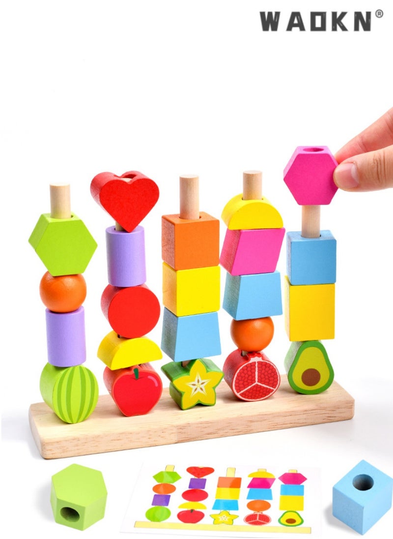3 in 1 Wooden Color Sorting & Stacking Toys, Montessori Wooden Beads Sequencing Set, STEM Fine Motor Skills Toys Designed for Toddlers, Early Education Montessori Toys Gifts for Kids