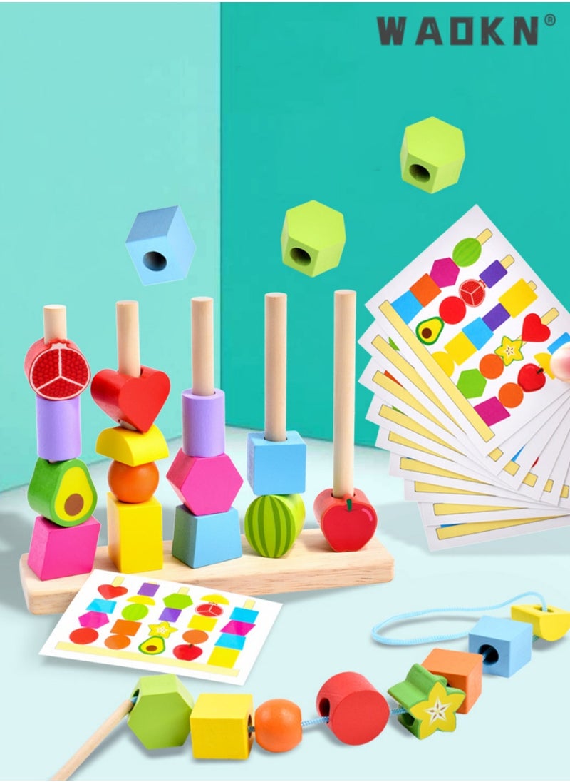 3 in 1 Wooden Color Sorting & Stacking Toys, Montessori Wooden Beads Sequencing Set, STEM Fine Motor Skills Toys Designed for Toddlers, Early Education Montessori Toys Gifts for Kids