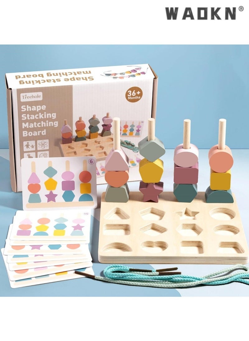 3-in-1 Wooden Color Recognition & Stacking Toys, Montessori Educational Wooden Bead Chain Sequencing Toys, Facilitating STEM Development & Fine Motor Training for Toddlers