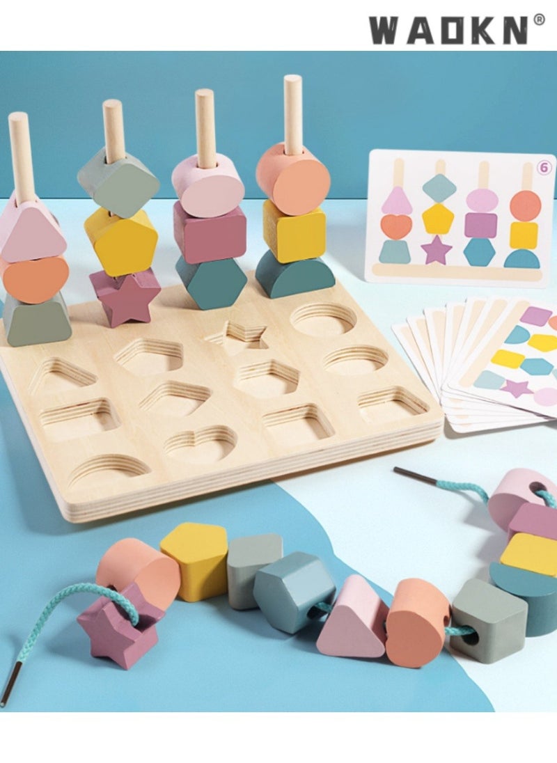 3-in-1 Wooden Color Recognition & Stacking Toys, Montessori Educational Wooden Bead Chain Sequencing Toys, Facilitating STEM Development & Fine Motor Training for Toddlers