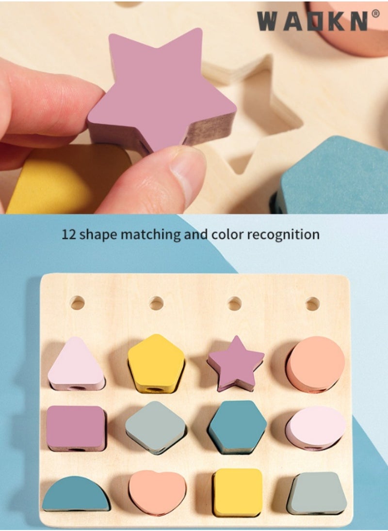 3-in-1 Wooden Color Recognition & Stacking Toys, Montessori Educational Wooden Bead Chain Sequencing Toys, Facilitating STEM Development & Fine Motor Training for Toddlers