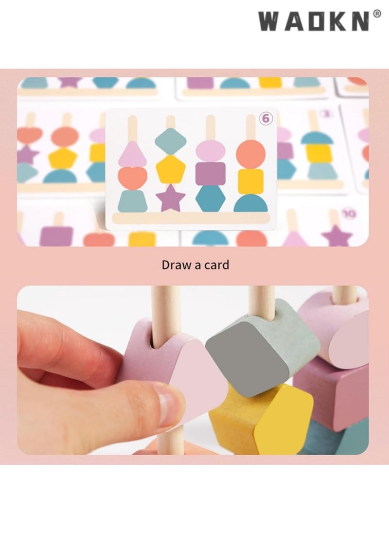 3 in 1 Wooden Color Sorting Stacking Toys, Montessori Wooden Beads Sequencing Toy Set, Montessori Stem Fine Motor Skills for Toddlers, Preschool Learning Montessori Toys Gifts for Kids