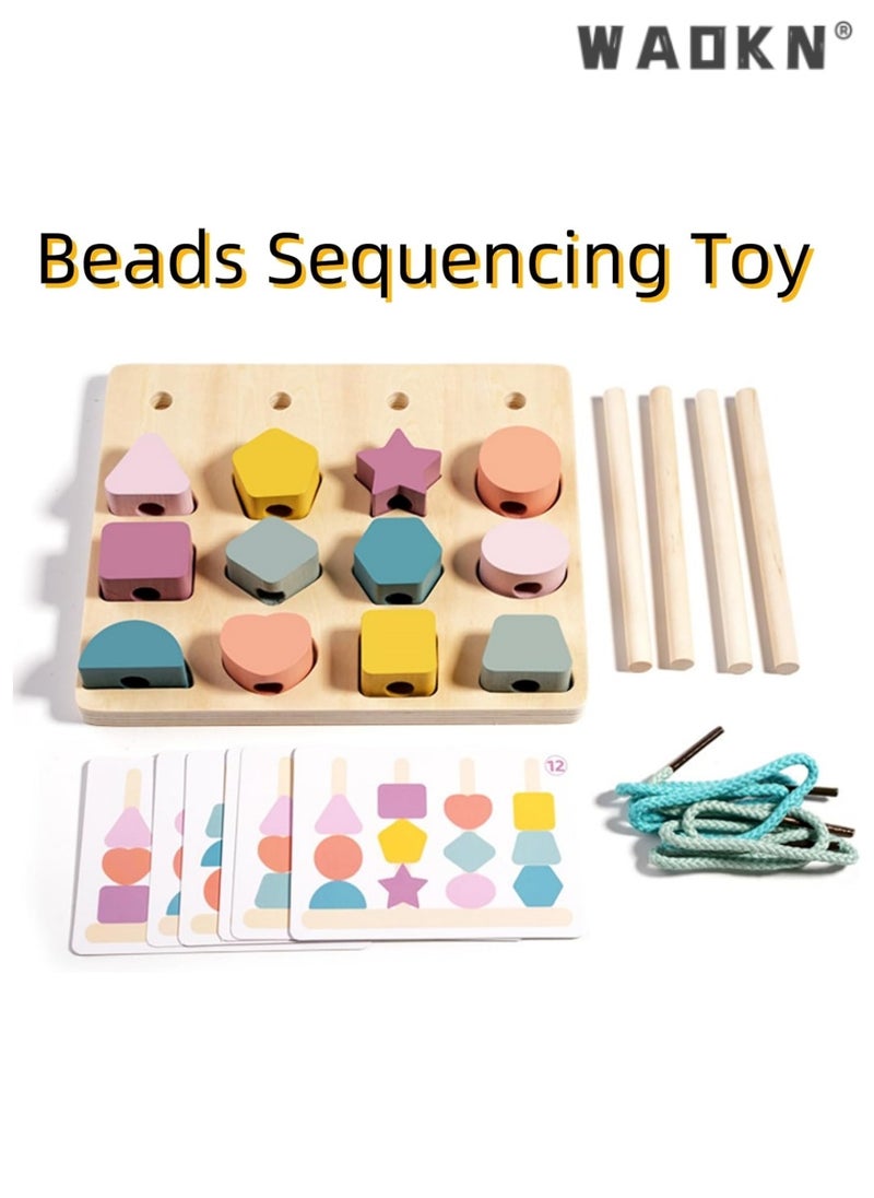 3 in 1 Wooden Color Sorting Stacking Toys, Montessori Wooden Beads Sequencing Toy Set, Montessori Stem Fine Motor Skills for Toddlers, Preschool Learning Montessori Toys Gifts for Kids