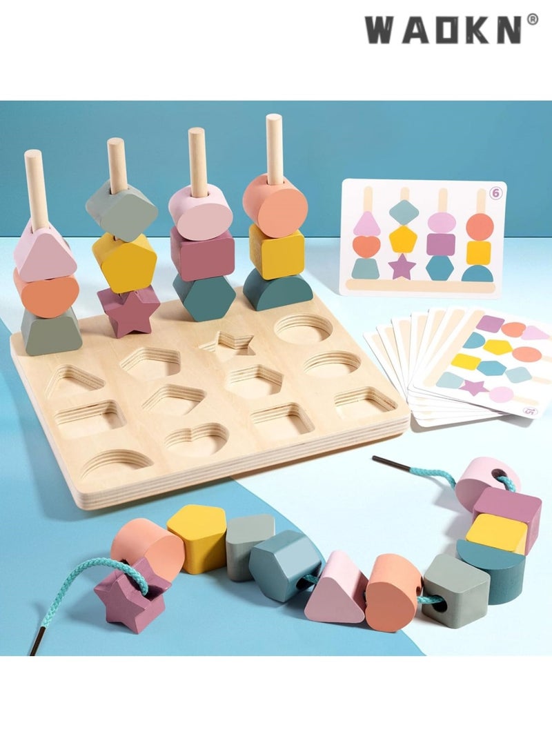 3 in 1 Wooden Color Sorting Stacking Toys, Montessori Wooden Beads Sequencing Toy Set, Montessori Stem Fine Motor Skills for Toddlers, Preschool Learning Montessori Toys Gifts for Kids