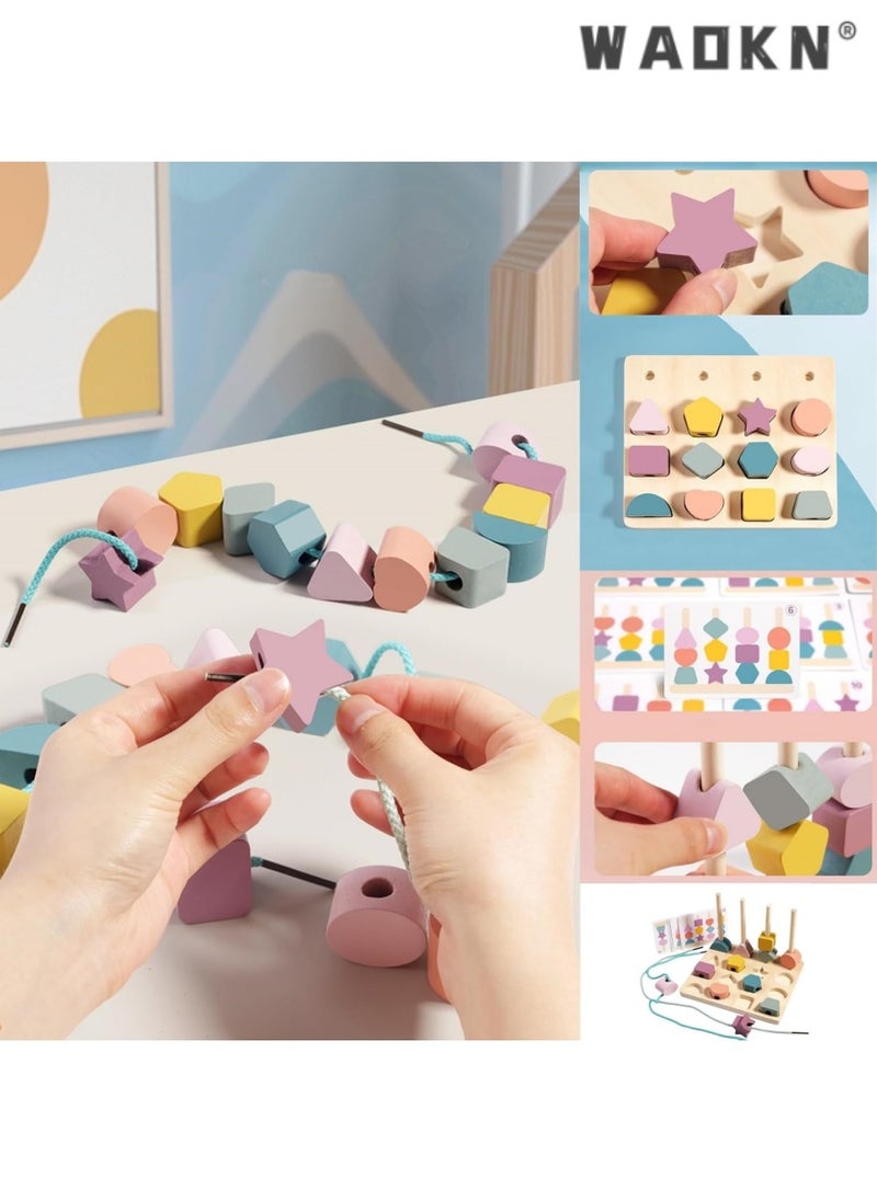 3 in 1 Wooden Color Sorting Stacking Toys, Montessori Wooden Beads Sequencing Toy Set, Montessori Stem Fine Motor Skills for Toddlers, Preschool Learning Montessori Toys Gifts for Kids