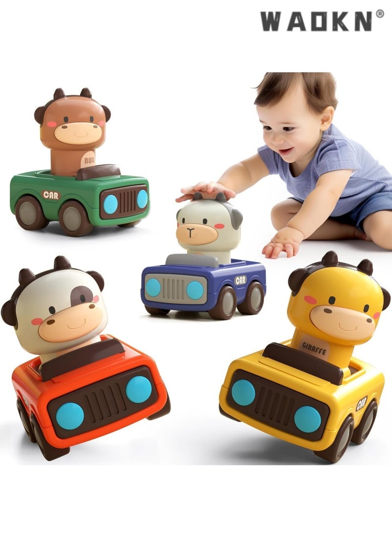 2024 New Baby Animal Racing Car Toys for Toddlers 1-3, Push-Pull Educational Cars Designed for Infants, Suitable for Babies 6-12 Months, Friction Powered Car Sets（4 Pack）
