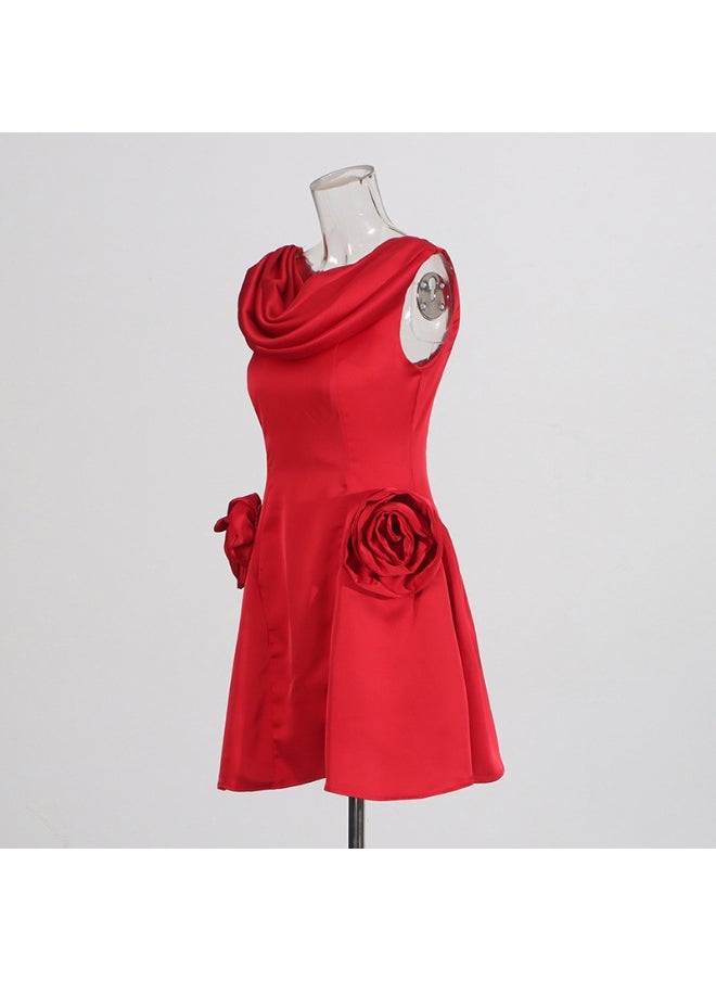 Sleeveless High Waist Floral Appliqué Mini Dress - Solid Color French Vintage Style for Women