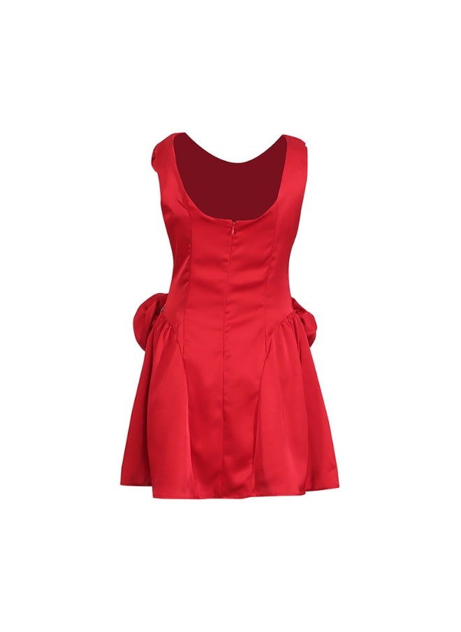 Sleeveless High Waist Floral Appliqué Mini Dress - Solid Color French Vintage Style for Women