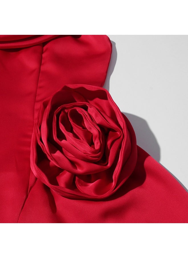 Sleeveless High Waist Floral Appliqué Mini Dress - Solid Color French Vintage Style for Women