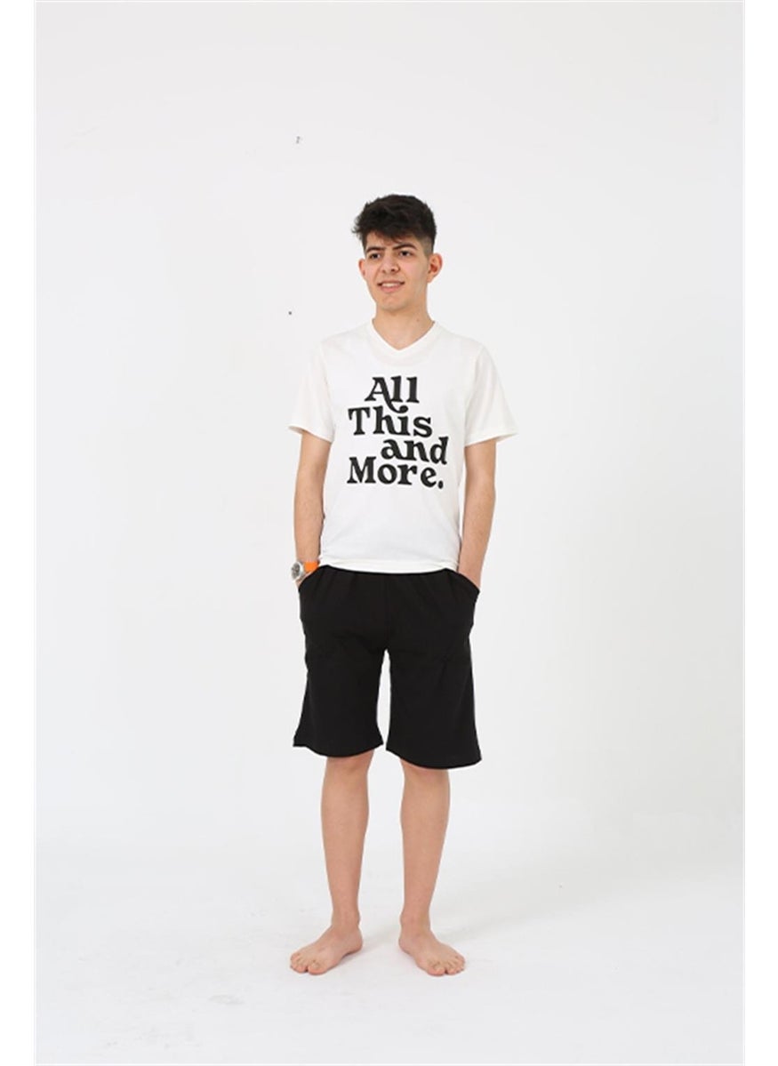 Male Young Waiter Boy Short Sleeve Ecru Combed Cotton Shorts Pajamas Set 20377