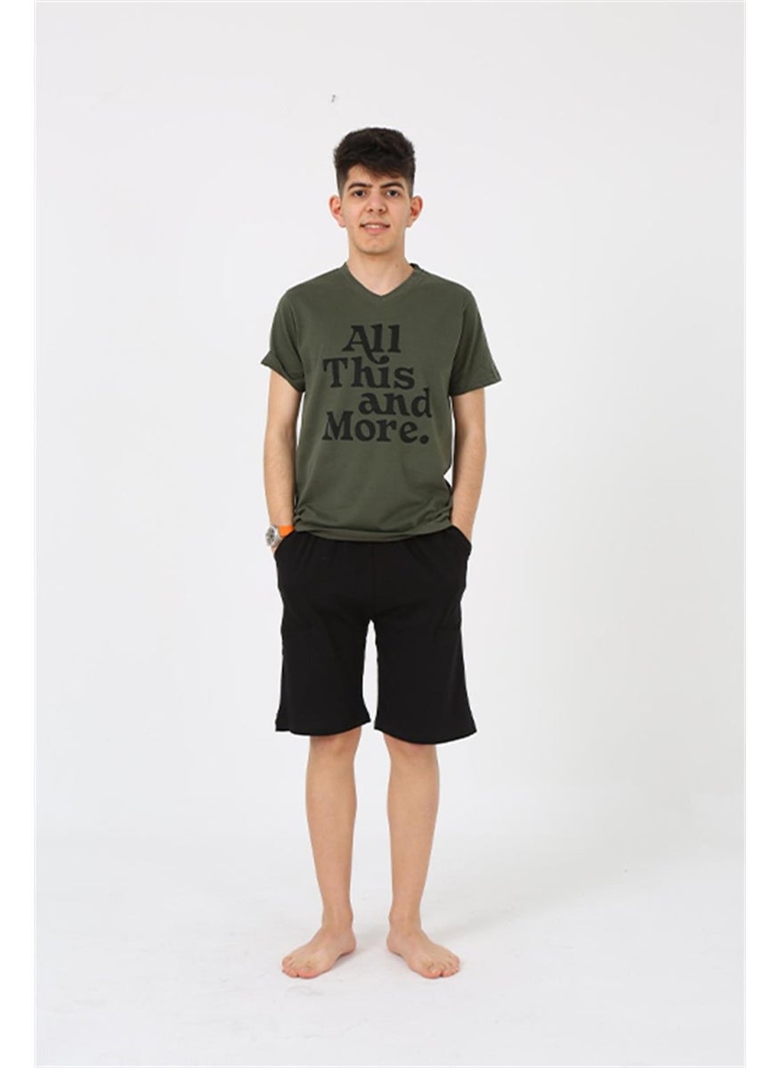 Male Young Waiter Boy Short Sleeve Khaki Combed Cotton Shorts Pajamas Set 20377