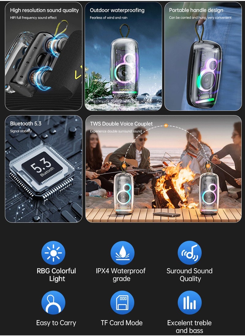 Bluetooth speaker, HD sound quality, clear sound quality, translucent body design, brilliant lighting, portable wireless, IPX6 waterproof, play time up to 20 hours, TWS pairing, BT5.3, suitable for home/party/outdoor/beach