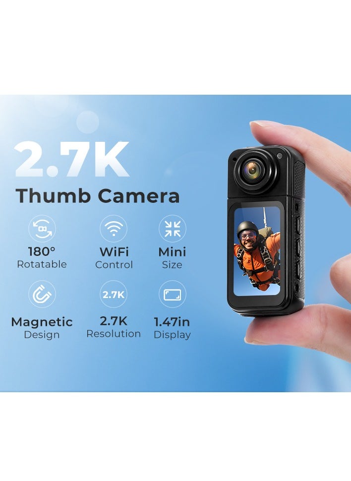 2.7K Ultra HD Finger Action Camera with Magnetic Strap, 180° Rotatable Lens & 64GB Card – Lightweight Wearable POV Camera for Travel, Sports & Adventure 1.26oz, 1.47