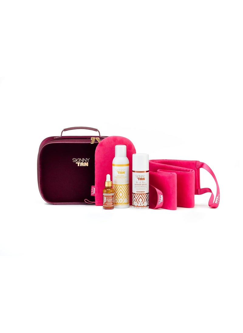 Wonder Tanning Collection Set by Skinny Tan for Women - 5 Pc Gift Set: 5oz Wonder Serum, 1oz Face Tanning Drops, 6.7oz Dry Mist Finishing Spray, Back Applicator, Dual Tanning Mitt