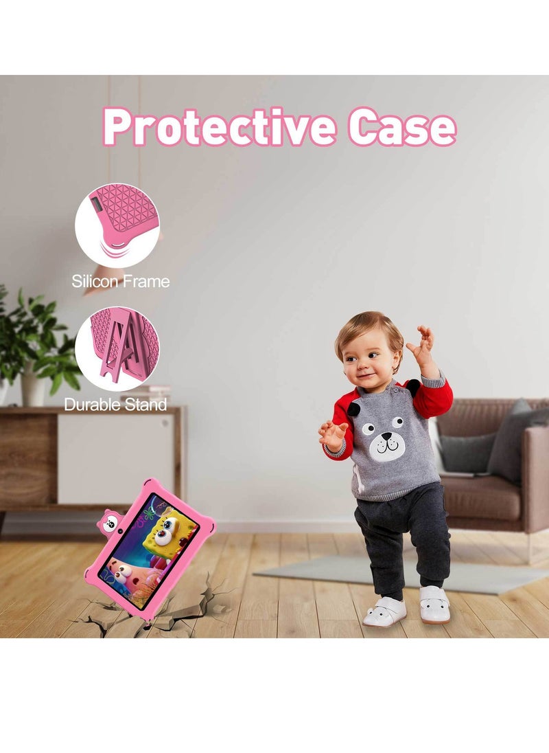 K7 Children Tablet, 4GB Ram 32GB ROM Kids Learning Tablet With Protective Silicone Case, Lightweight Cute Design Durable Children Pad With HD Display, (1pc, Pink)
