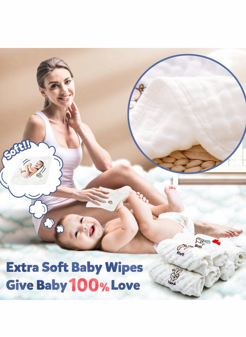Baby Muslin Washcloths, Kids Face Towel Burp Cloths in Classified Design, Soft Fluffy Breathable Newborn Wash Wipes (6Pack)