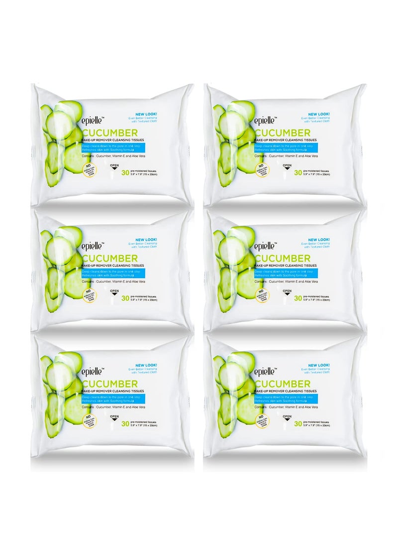 Epielle New Makeup Remover Cleansing Wipes Tissue - Cucumber 30 Count 6 Pack | Gentle for all Skin Types | Daily Facial Cleansing Towelettes | Removes Dirt, Oil, Makeup (Cucumber)