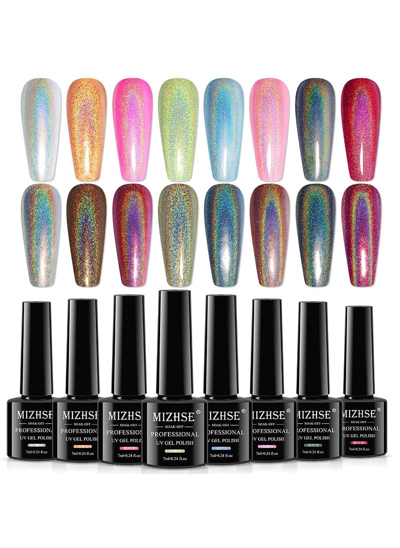 MIZHSE 8 Colors Holographic Gel Nail Polish, Laser Iridescent Gel Polish Set, Chrome Rainbow Shimmer Glitter Nail Gel, Sparkly Shiny Gel Polish Silver Pink Nail Art Salon at Home Women Gift