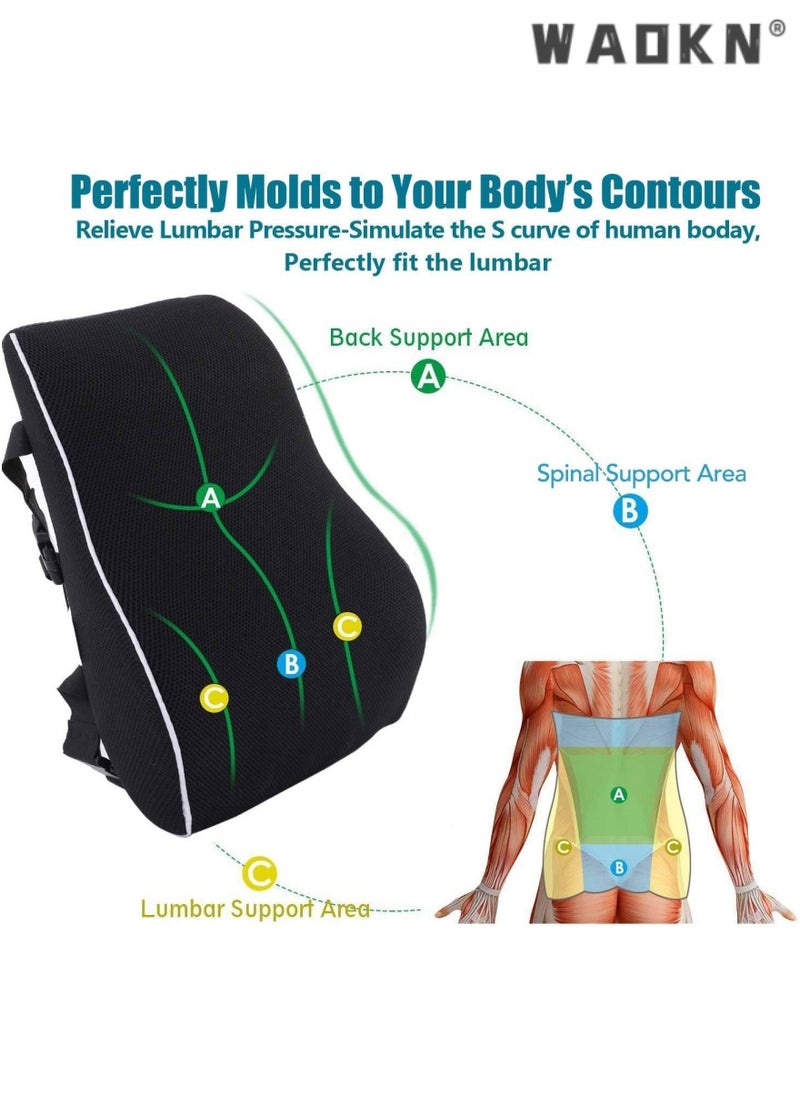 Lumbar Support Pillow for Office Chair Memory Foam Back Cushion for Back Pain Relief Improve Posture Large Back Pillow for Car, Computer Chair, Recliner Breathable Mesh Cover Double Adjustable Straps