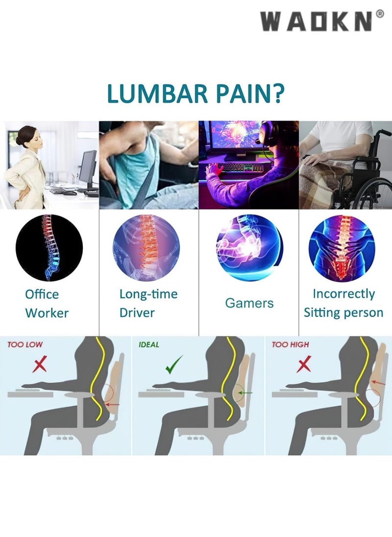 Lumbar Support Pillow for Office Chair Memory Foam Back Cushion for Back Pain Relief Improve Posture Large Back Pillow for Car, Computer Chair, Recliner Breathable Mesh Cover Double Adjustable Straps