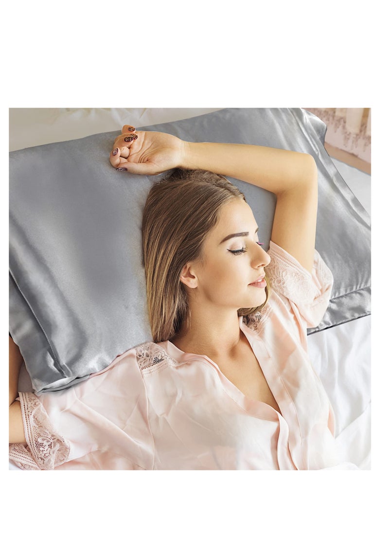 Natural Mulberry Silk Pillowcase, Soft Smooth Cooling Premium Grade Silk Pillow Covers, for Hair and Skin Health, Standard Size 50 x 75 cm Silk Pillowcase, for Sleeping (2 Pcs Grey)