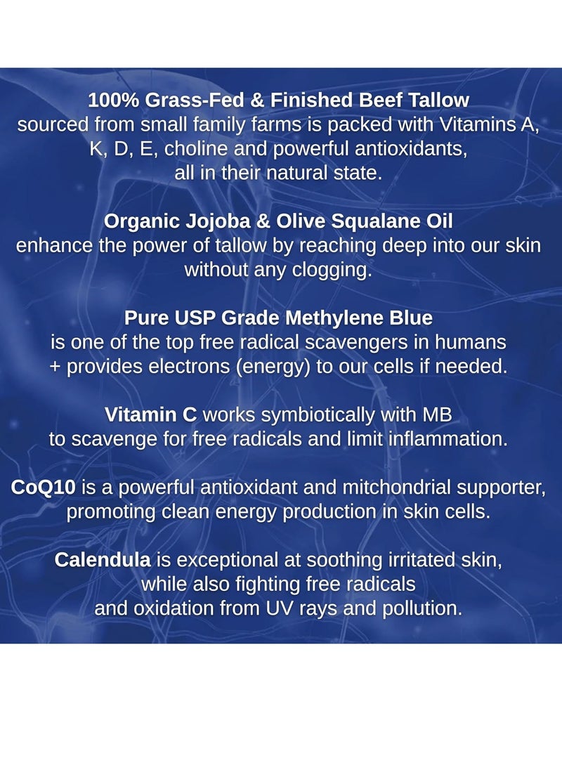 Tallow & Methylene Blue Anti-Aging Face Moisturizer – 100% Grass Fed Tallow with Vitamin C, CoQ10 & Squalane – Minimizes wrinkles & Improves Collagen Production