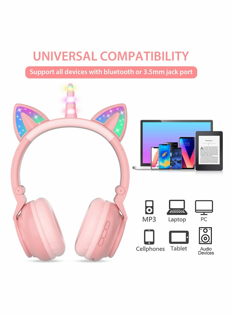 Unicorn Headphones, Bluetooth Foldable Headphones Stereo with Microphone and Volume Control Light Up for PC  (Pink)