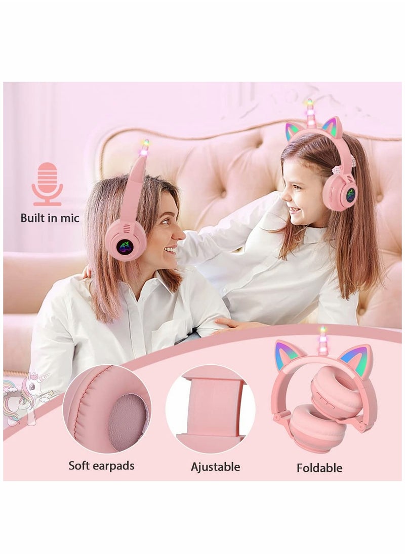 Unicorn Headphones, Bluetooth Foldable Headphones Stereo with Microphone and Volume Control Light Up for PC  (Pink)