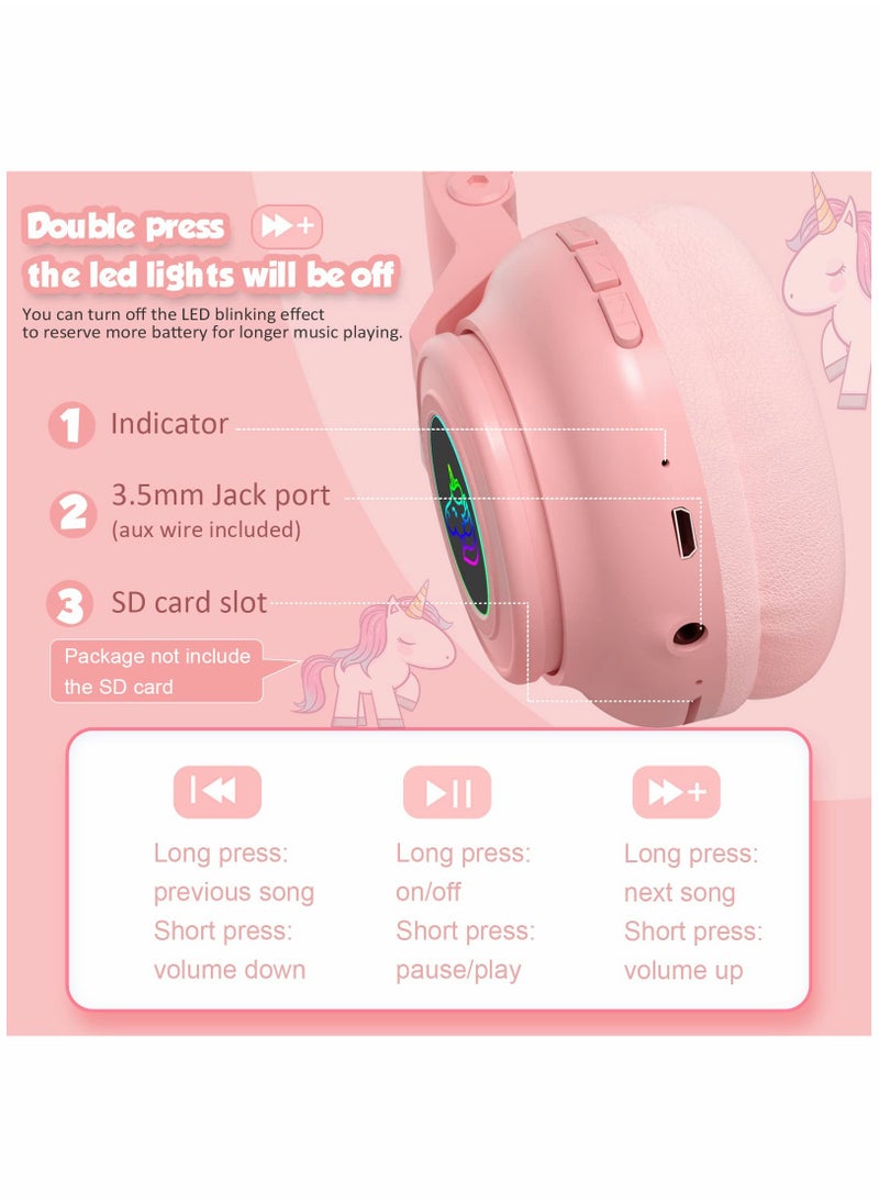 Unicorn Headphones, Bluetooth Foldable Headphones Stereo with Microphone and Volume Control Light Up for PC  (Pink)