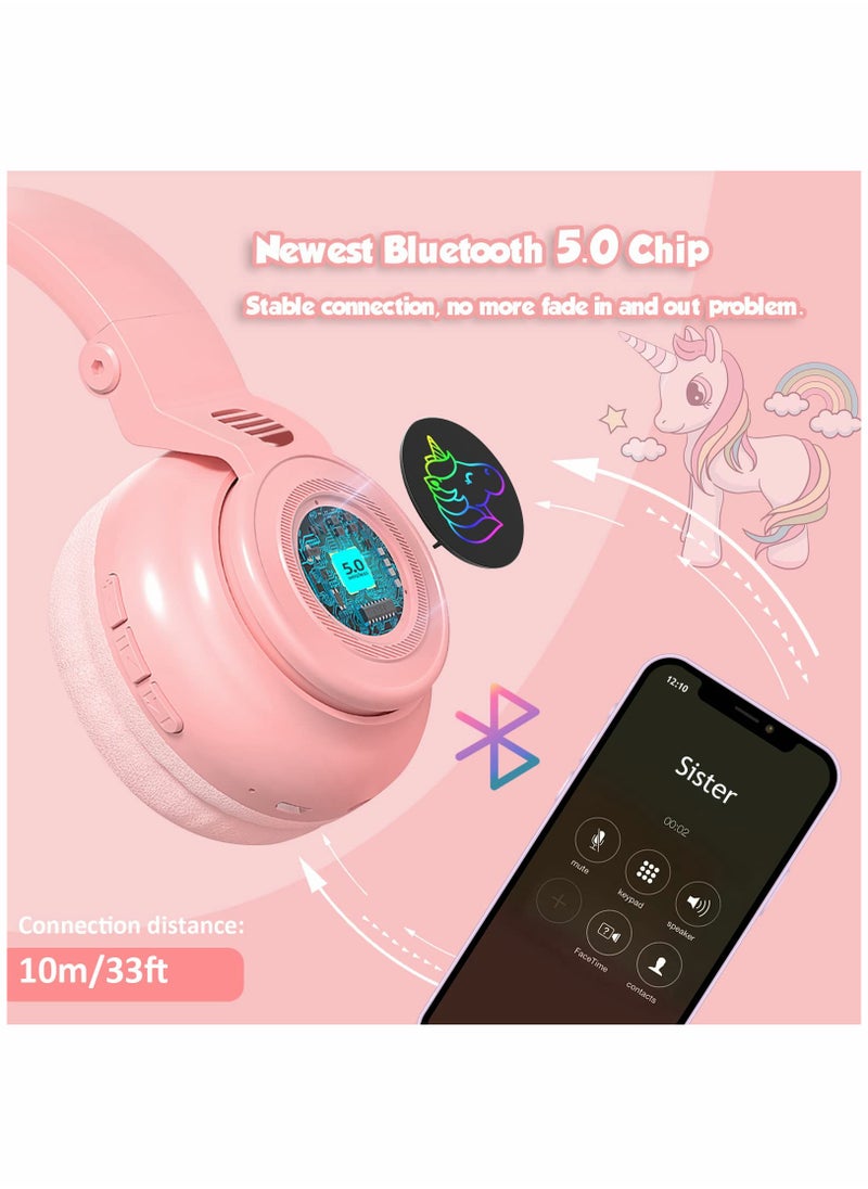 Unicorn Headphones, Bluetooth Foldable Headphones Stereo with Microphone and Volume Control Light Up for PC  (Pink)